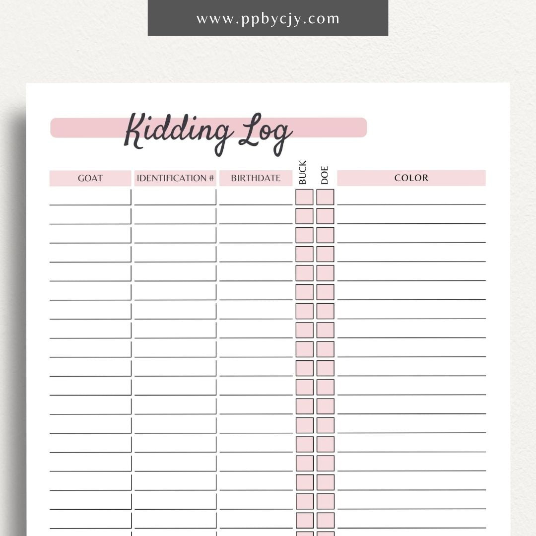 Goat Breeding Kidding Log Printable PDF Template