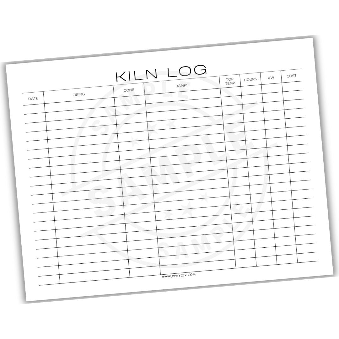 Kiln log sheet with columns for date, firing, cone, racks, top, hours, RW, and cut on a white background.
