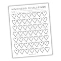 Kindness challenge sheet with heart illustrations on a white background