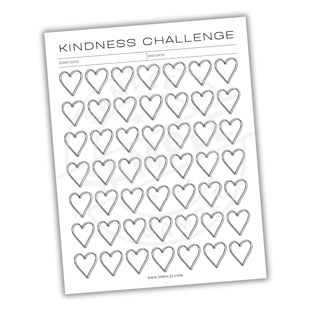 Kindness challenge sheet with heart illustrations on a white background