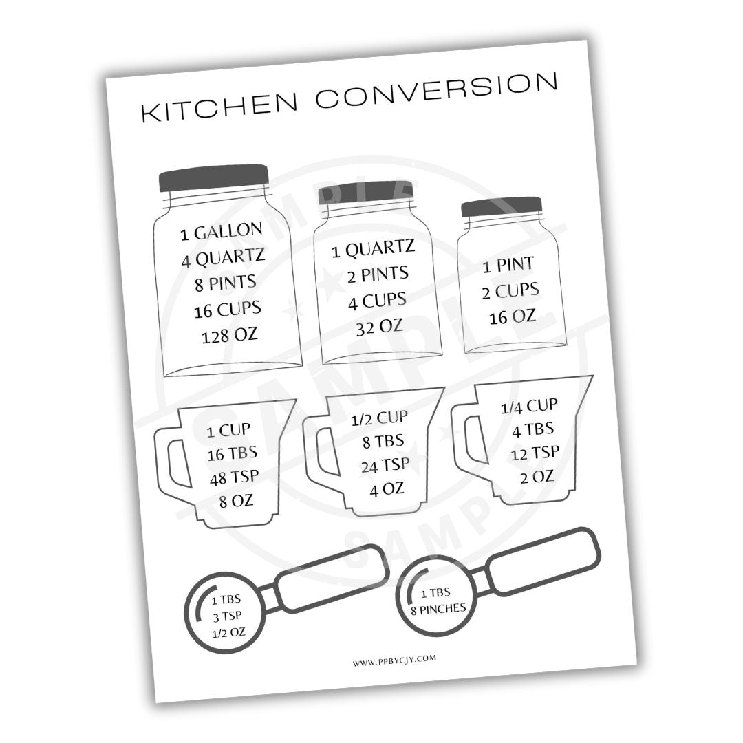 Kitchen conversion chart with measuring cups and spoons on a white background