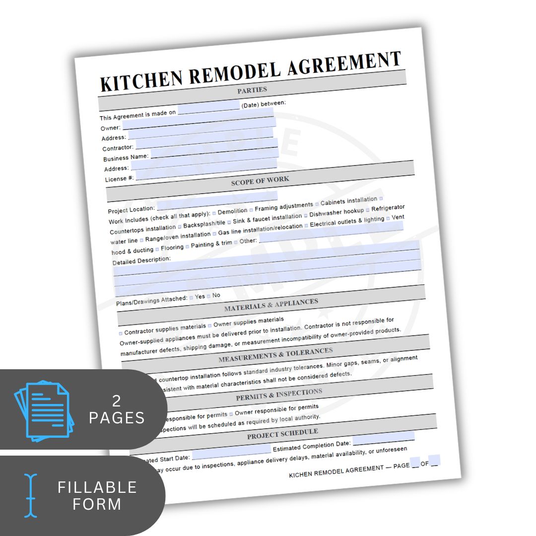 Kitchen remodel agreement form on a white background