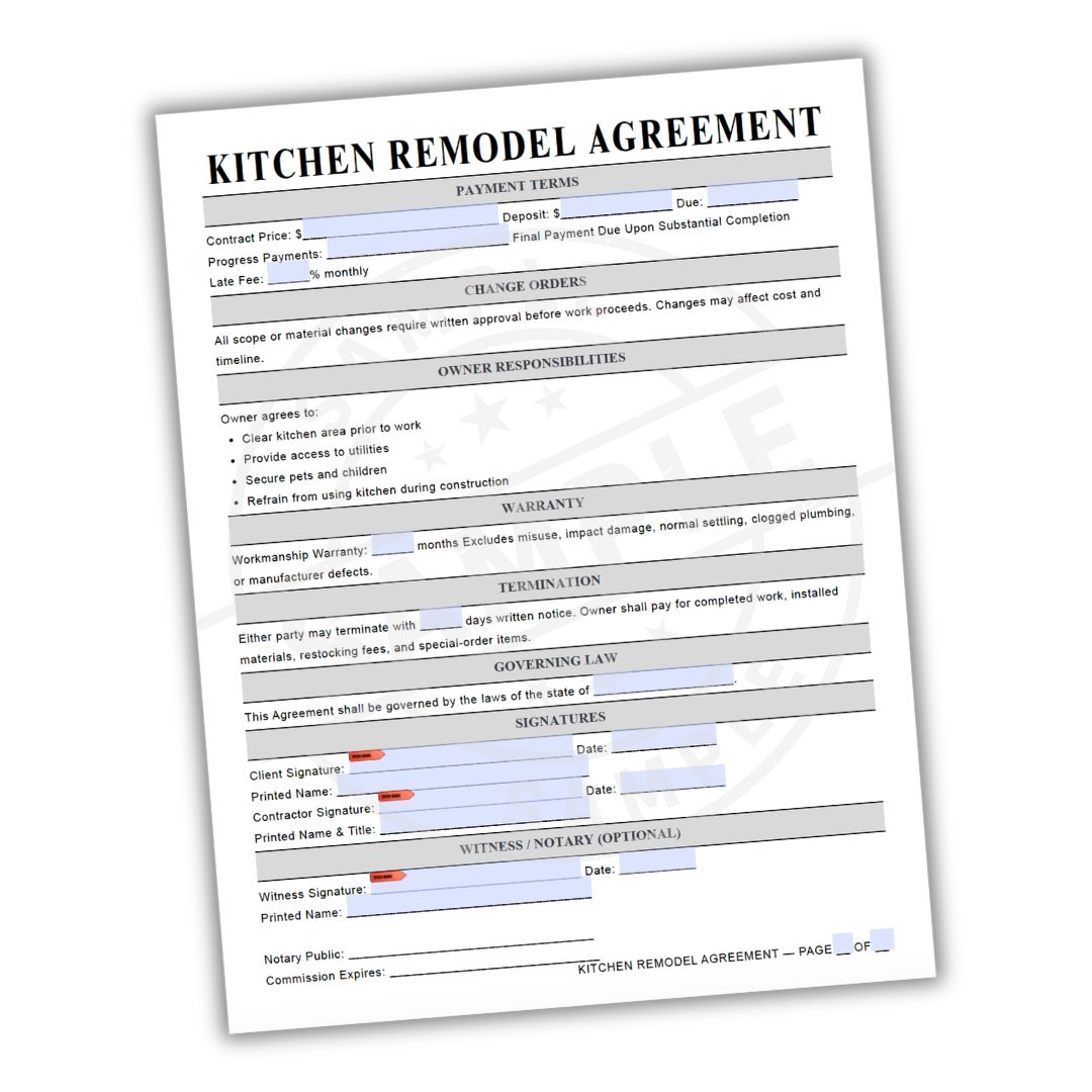 Kitchen remodel agreement form on a white background