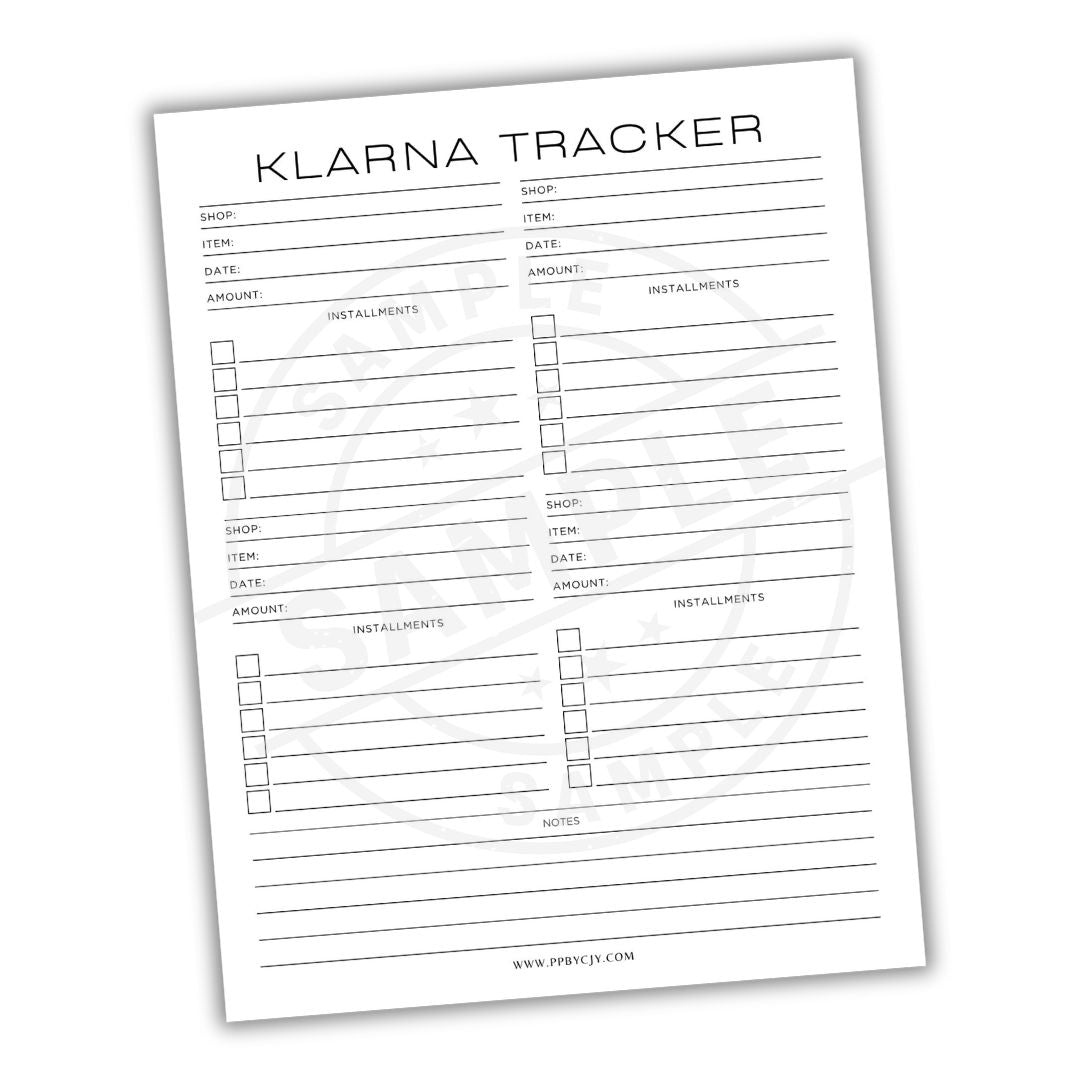 Klarna Tracker sheet with columns for shop, item, amount, and installments on a white background.
