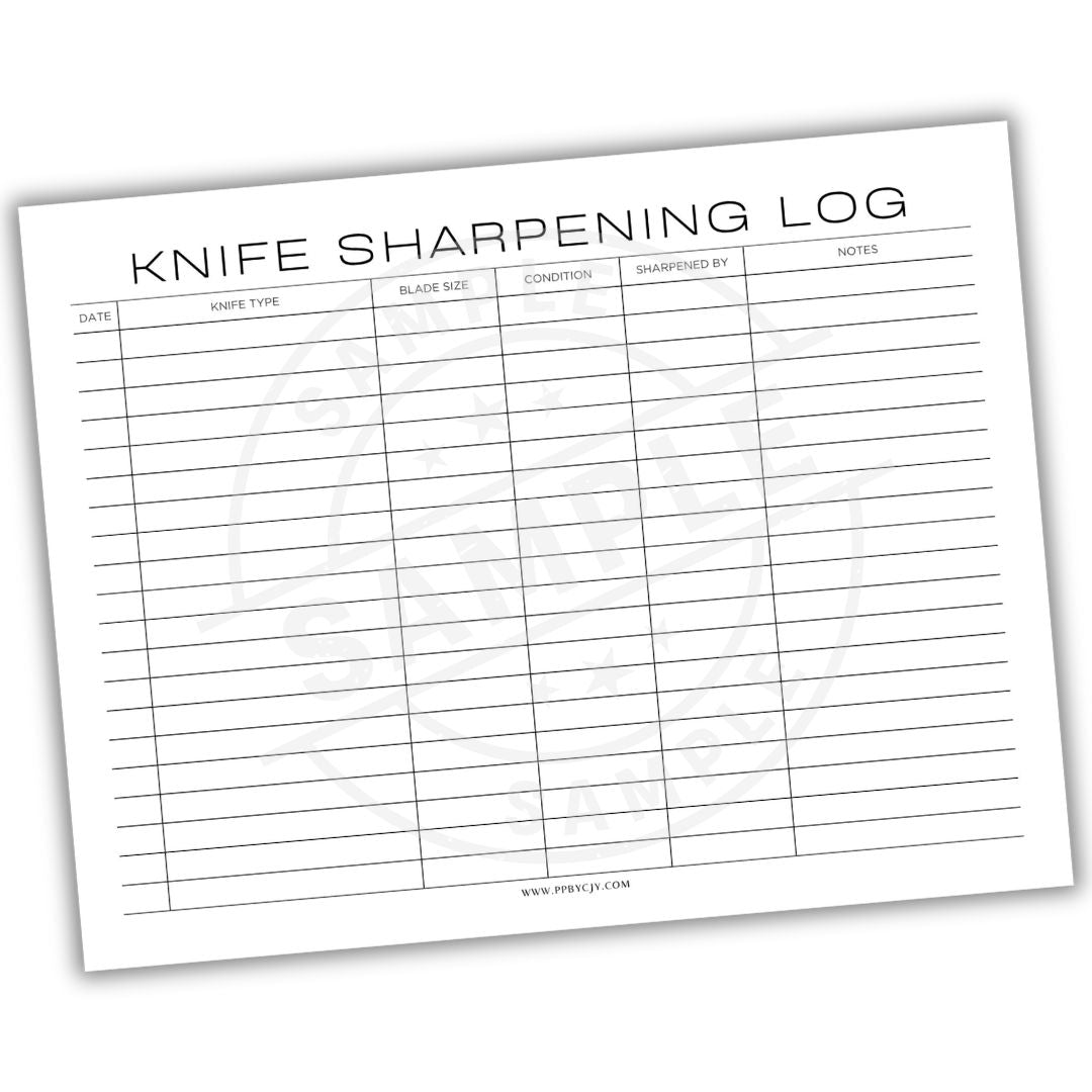 Knife sharpening log sheet on a white background