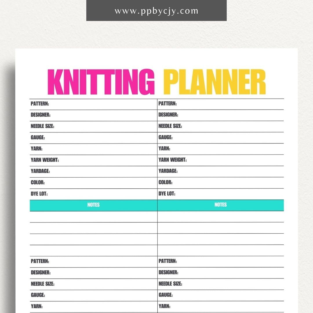 Knitting Project Planner Printable Template – Digital download for organizing and managing details of your knitting projects, including patterns, materials, and progress.