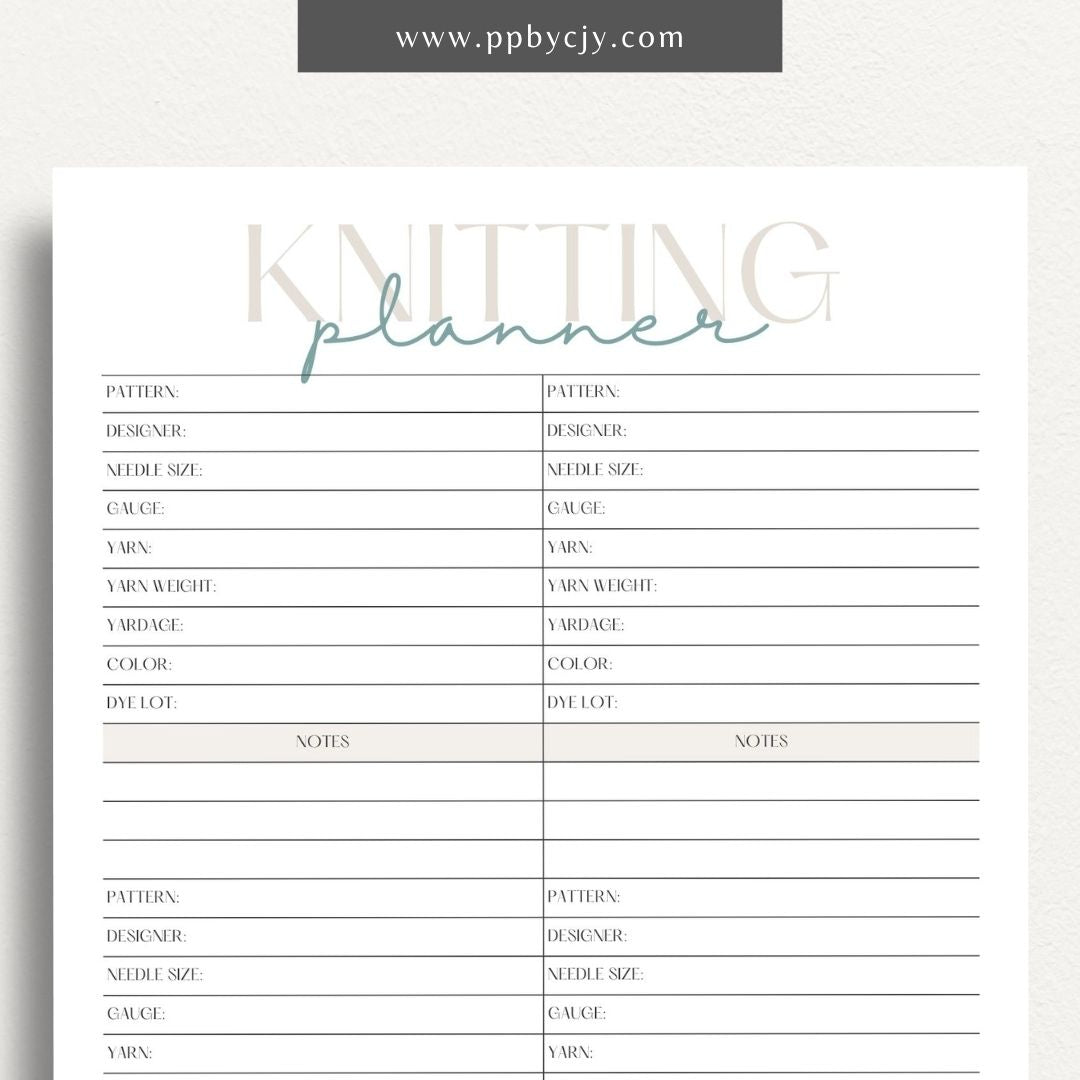 Knitting Project Planner Printable Template – Digital download for organizing and managing details of your knitting projects, including patterns, materials, and progress.