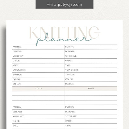 Knitting Project Planner Printable Template – Digital download for organizing and managing details of your knitting projects, including patterns, materials, and progress.