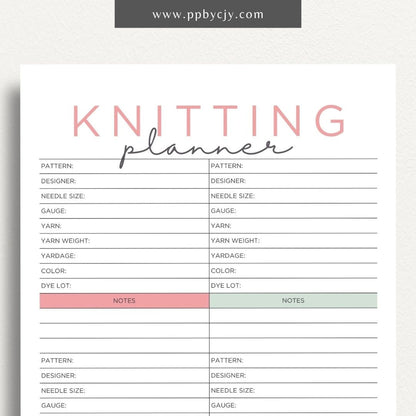 Knitting Project Planner Printable Template – Digital download for organizing and managing details of your knitting projects, including patterns, materials, and progress.