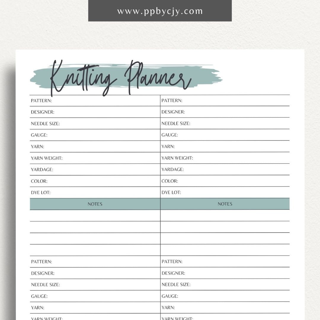 Knitting Project Planner Printable Template – Digital download for organizing and managing details of your knitting projects, including patterns, materials, and progress.