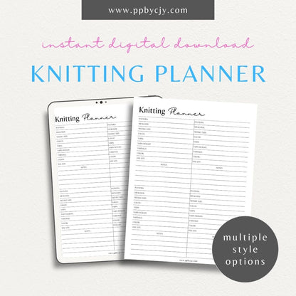 Knitting Project Planner Printable Template – Digital download for organizing and managing details of your knitting projects, including patterns, materials, and progress.