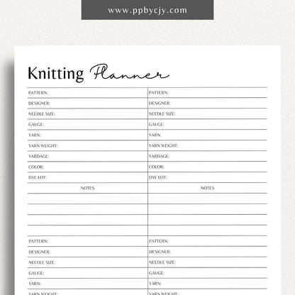 Knitting Project Planner Printable Template – Digital download for organizing and managing details of your knitting projects, including patterns, materials, and progress.