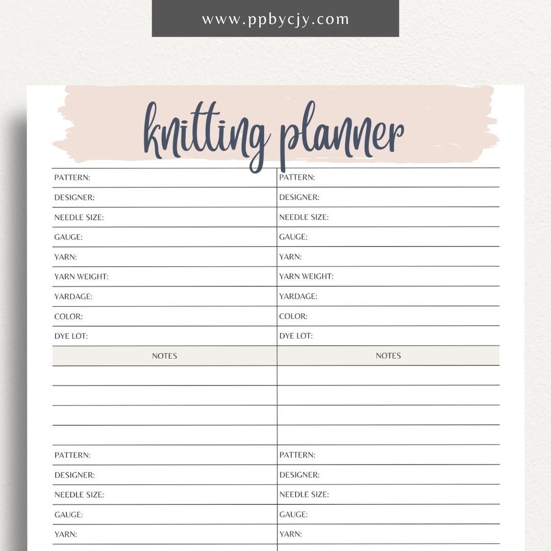 Knitting Project Planner Printable Template – Digital download for organizing and managing details of your knitting projects, including patterns, materials, and progress.