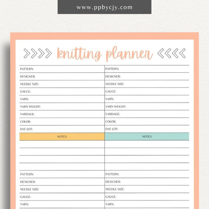 Knitting Project Planner Printable Template – Digital download for organizing and managing details of your knitting projects, including patterns, materials, and progress.