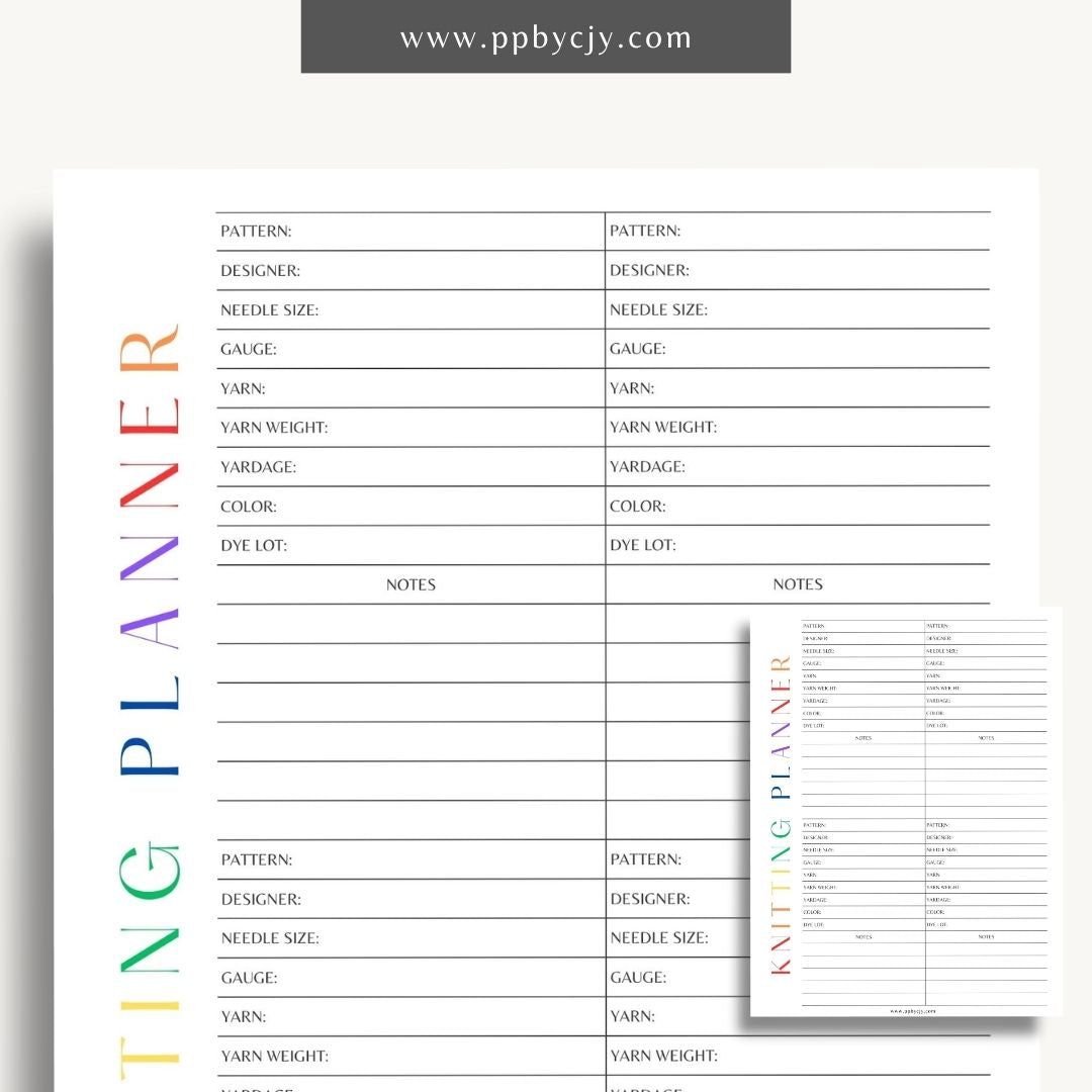 Knitting Project Planner Printable Template – Digital download for organizing and managing details of your knitting projects, including patterns, materials, and progress.