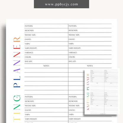 Knitting Project Planner Printable Template – Digital download for organizing and managing details of your knitting projects, including patterns, materials, and progress.