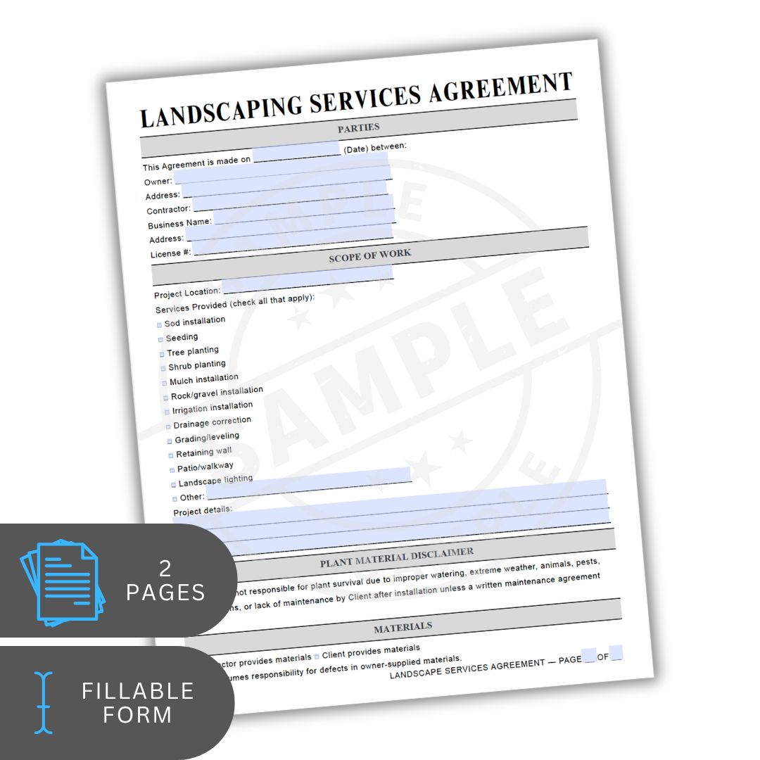 Landscaping services agreement form on a white background