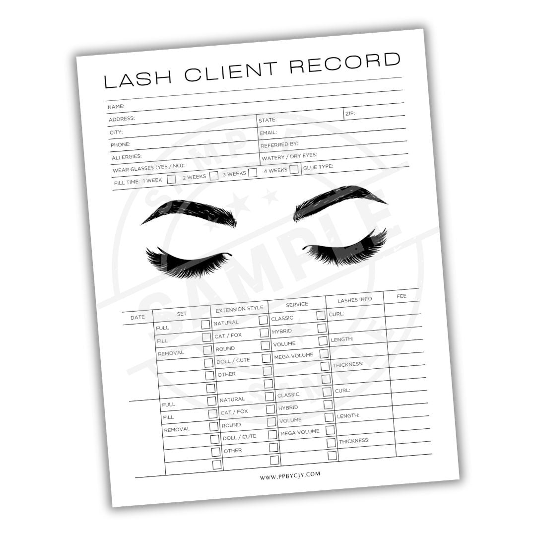 Lash client record form with eye lashes illustration on a white background