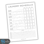 Laundry schedule sheet with days of the week and checkboxes for washing, drying, and folding laundry.