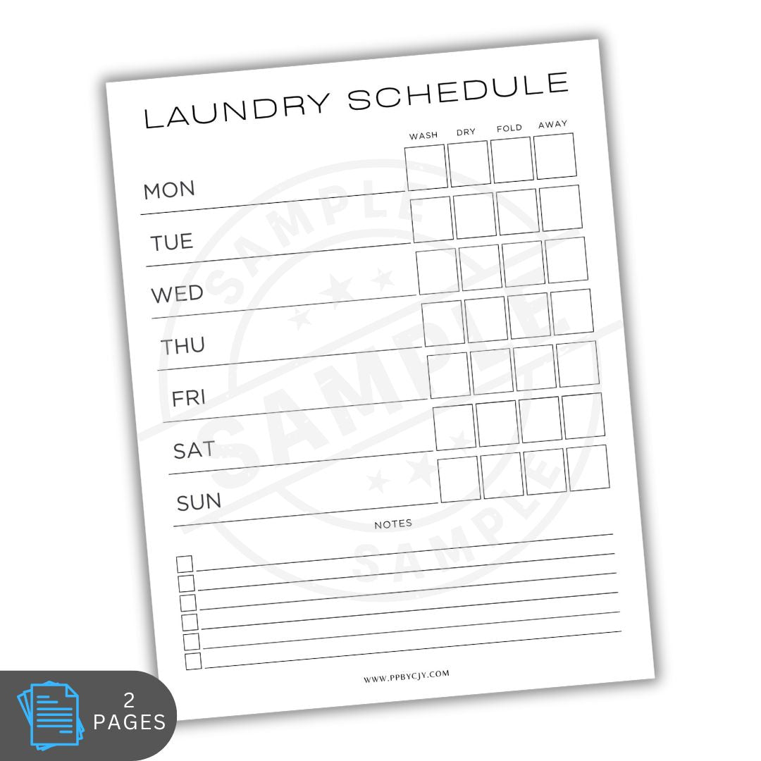 Laundry schedule sheet with days of the week and checkboxes for washing, drying, and folding laundry.