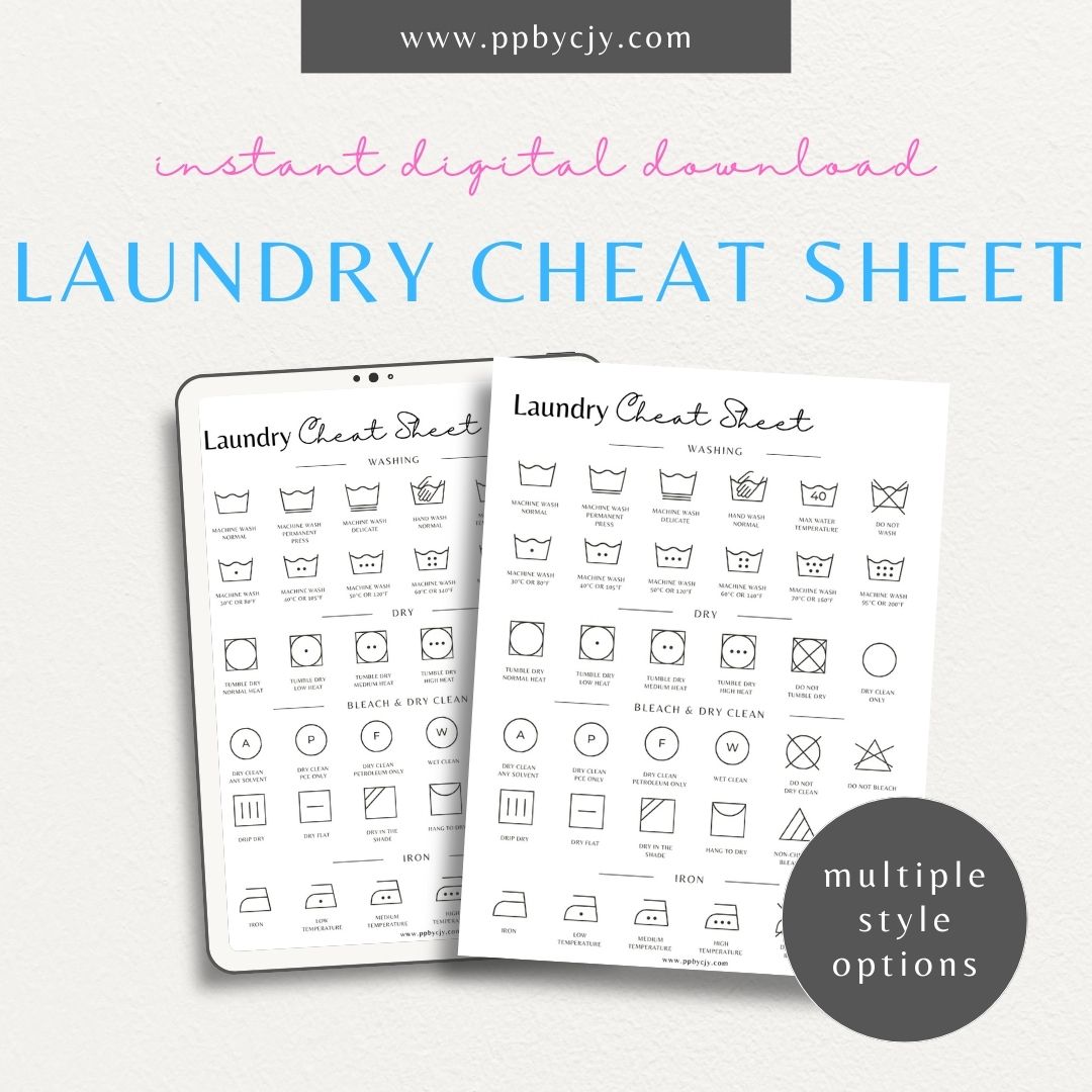 Laundry Cheat Sheet Printable Template – Digital download for quick reference on laundry care instructions, stain removal tips, and fabric care.