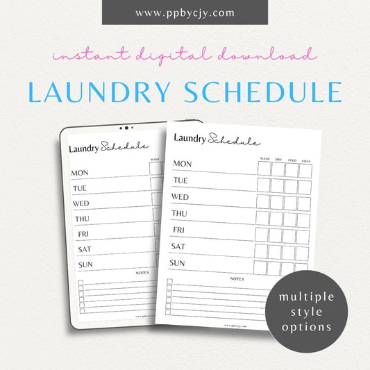 Laundry Chore Chart Printable Template – Digital download for managing and organizing laundry-related tasks and chores.