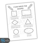 Black and white worksheet for learning shapes with labeled diagrams on a white background.