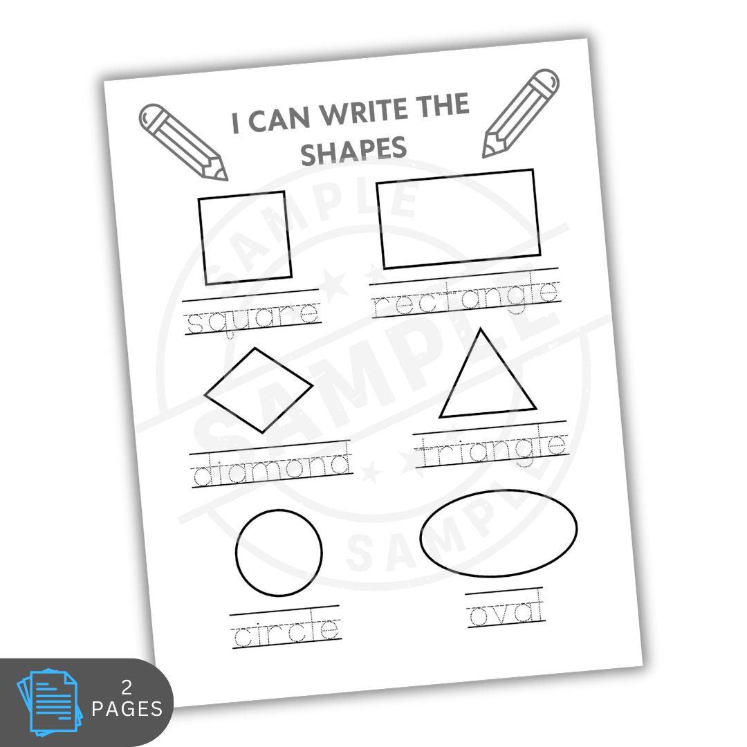 Black and white worksheet for learning shapes with labeled diagrams on a white background.