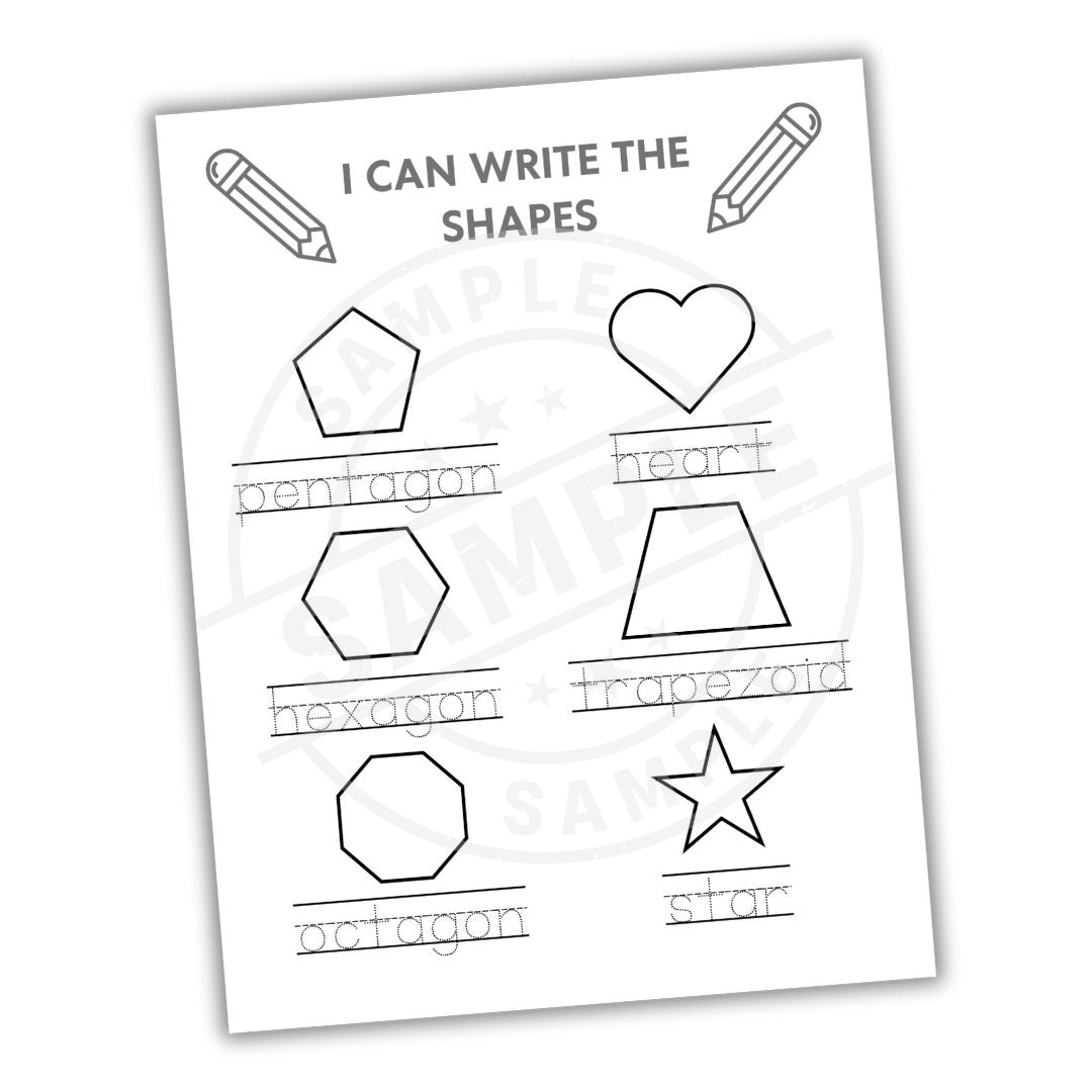Sheet of paper with shapes to trace and labels for educational purpose