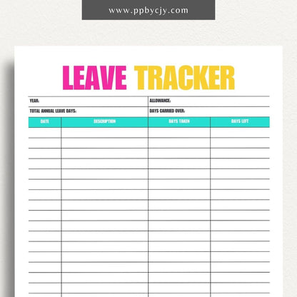 Time Off Leave Printable Template – Digital download for tracking and managing employee time off requests, including dates, reasons, and approval status