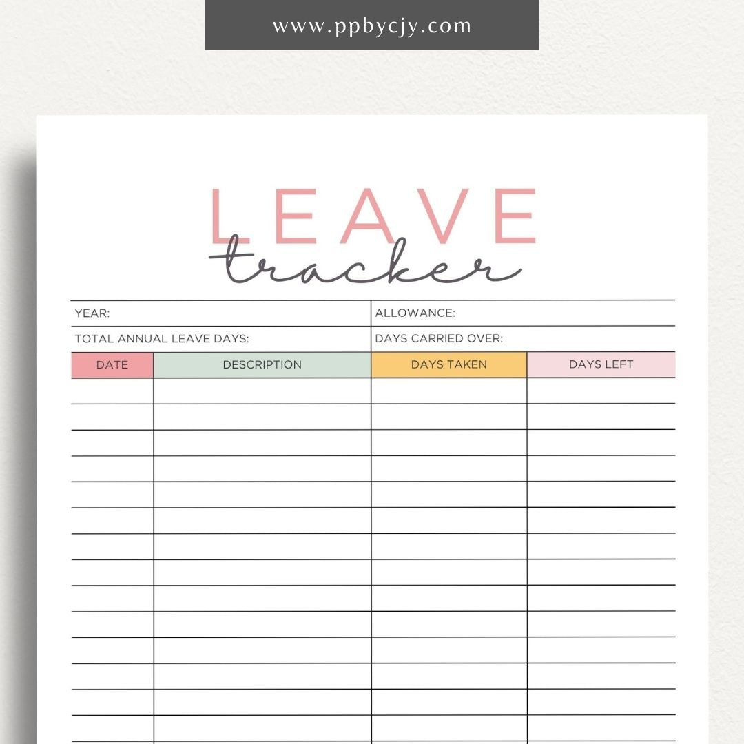 Time Off Leave Printable Template – Digital download for tracking and managing employee time off requests, including dates, reasons, and approval status