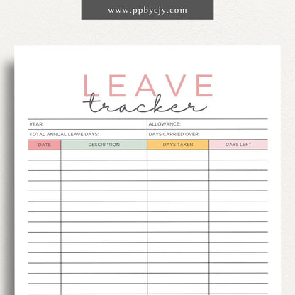 Time Off Leave Printable Template – Digital download for tracking and managing employee time off requests, including dates, reasons, and approval status