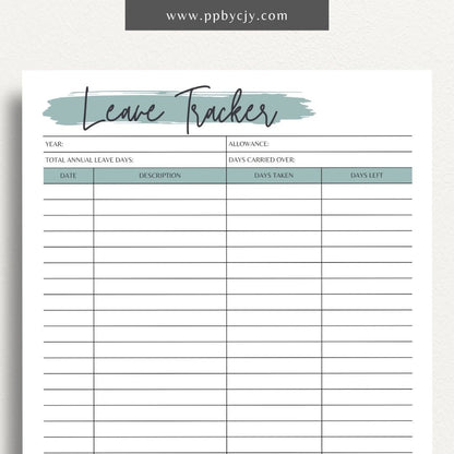 Time Off Leave Printable Template – Digital download for tracking and managing employee time off requests, including dates, reasons, and approval status