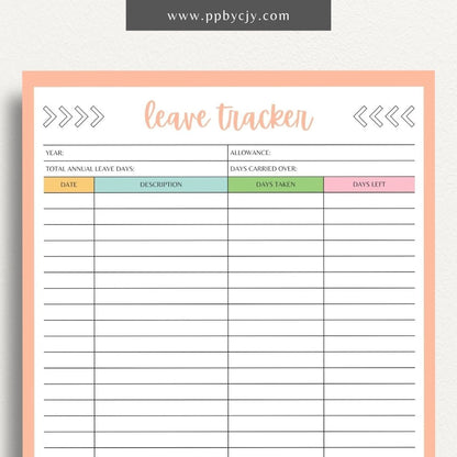 Time Off Leave Printable Template – Digital download for tracking and managing employee time off requests, including dates, reasons, and approval status