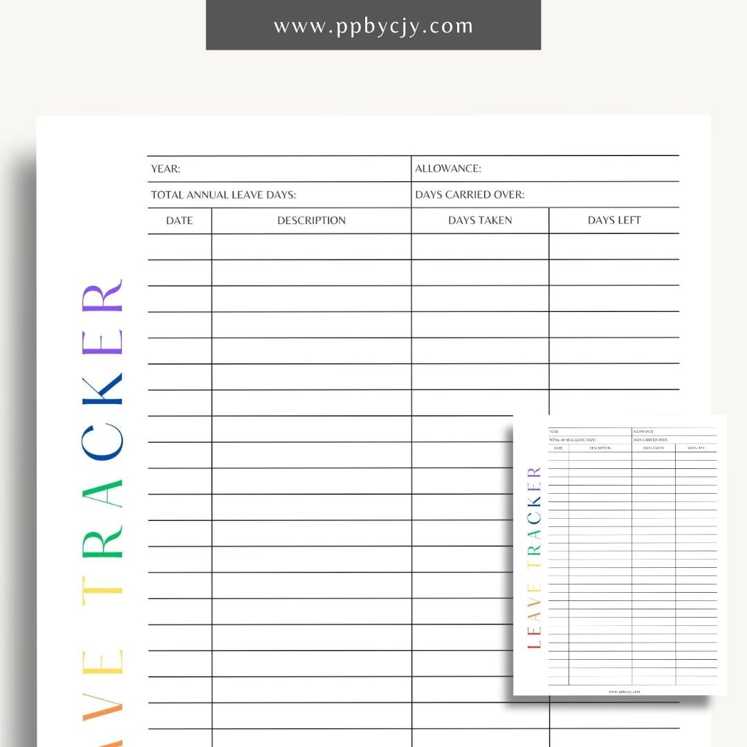 Time Off Leave Printable Template – Digital download for tracking and managing employee time off requests, including dates, reasons, and approval status