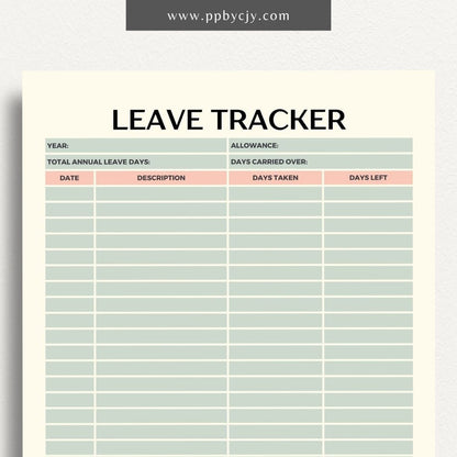 Time Off Leave Printable Template – Digital download for tracking and managing employee time off requests, including dates, reasons, and approval status