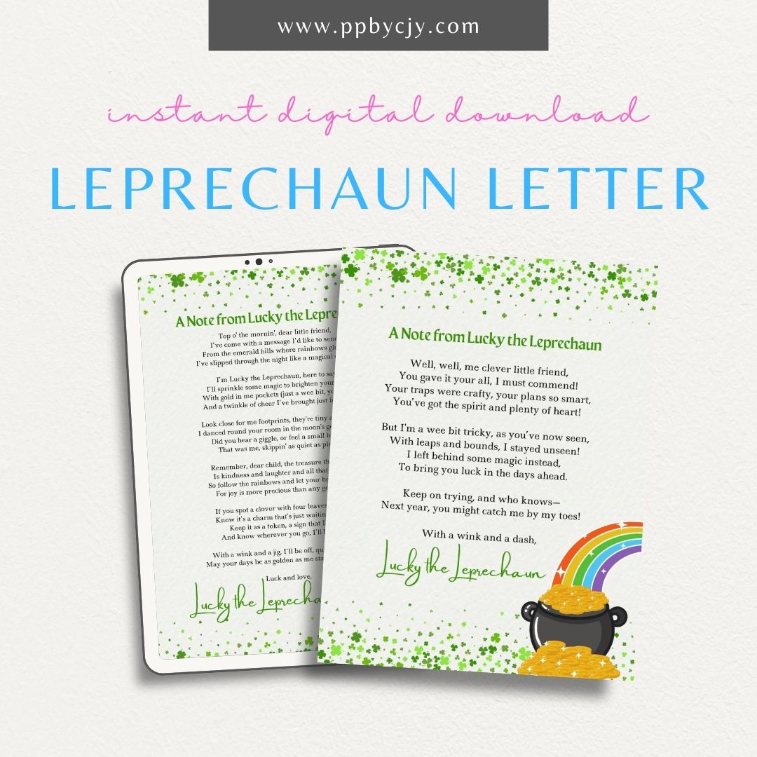 Printable Leprechaun Letter Set with a whimsical poem and short note for St. Patrick’s Day celebrations.


