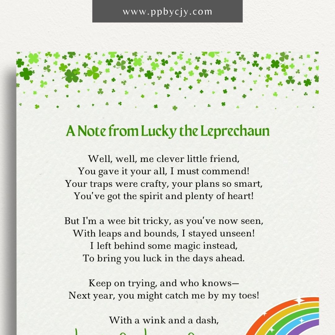 Printable Leprechaun Letter Set with a whimsical poem and short note for St. Patrick’s Day celebrations.


