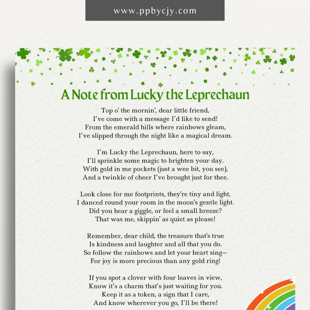 Printable Leprechaun Letter Set with a whimsical poem and short note for St. Patrick’s Day celebrations.


