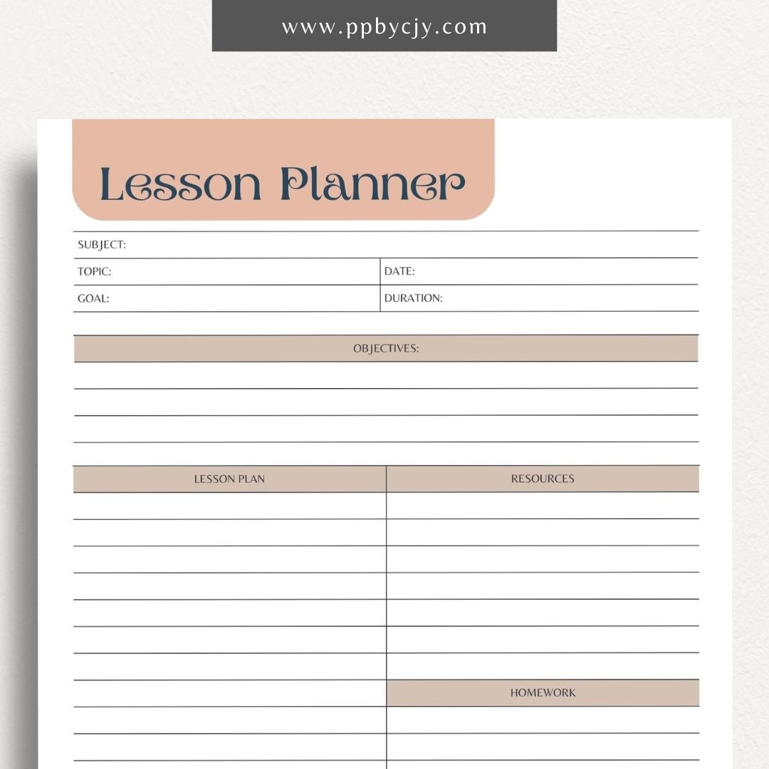 Lesson Planner Printable Template – Digital download for organizing and planning lessons, including objectives, activities, and assessments.