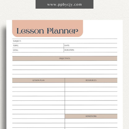 Lesson Planner Printable Template – Digital download for organizing and planning lessons, including objectives, activities, and assessments.