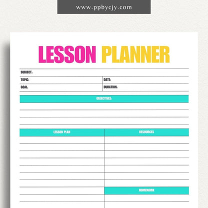 Lesson Planner Printable Template – Digital download for organizing and planning lessons, including objectives, activities, and assessments.