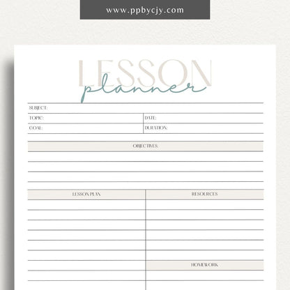 Lesson Planner Printable Template – Digital download for organizing and planning lessons, including objectives, activities, and assessments.