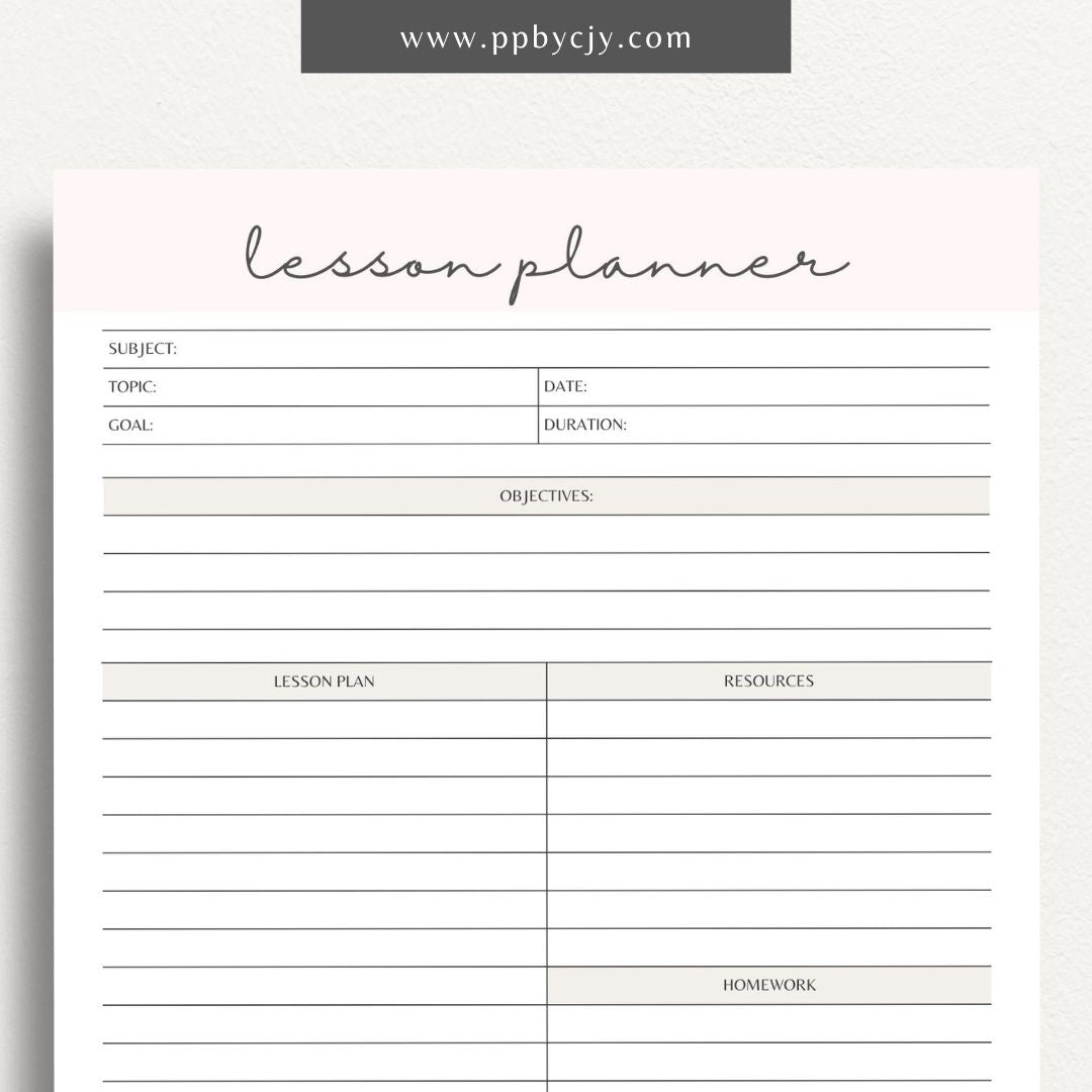 Lesson Planner Printable Template – Digital download for organizing and planning lessons, including objectives, activities, and assessments.