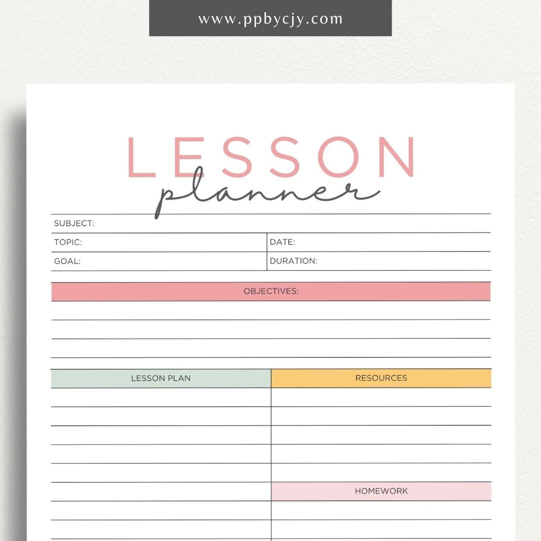 Lesson Planner Printable Template – Digital download for organizing and planning lessons, including objectives, activities, and assessments.