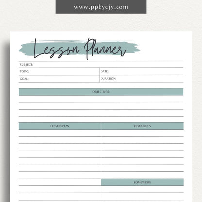 Lesson Planner Printable Template – Digital download for organizing and planning lessons, including objectives, activities, and assessments.