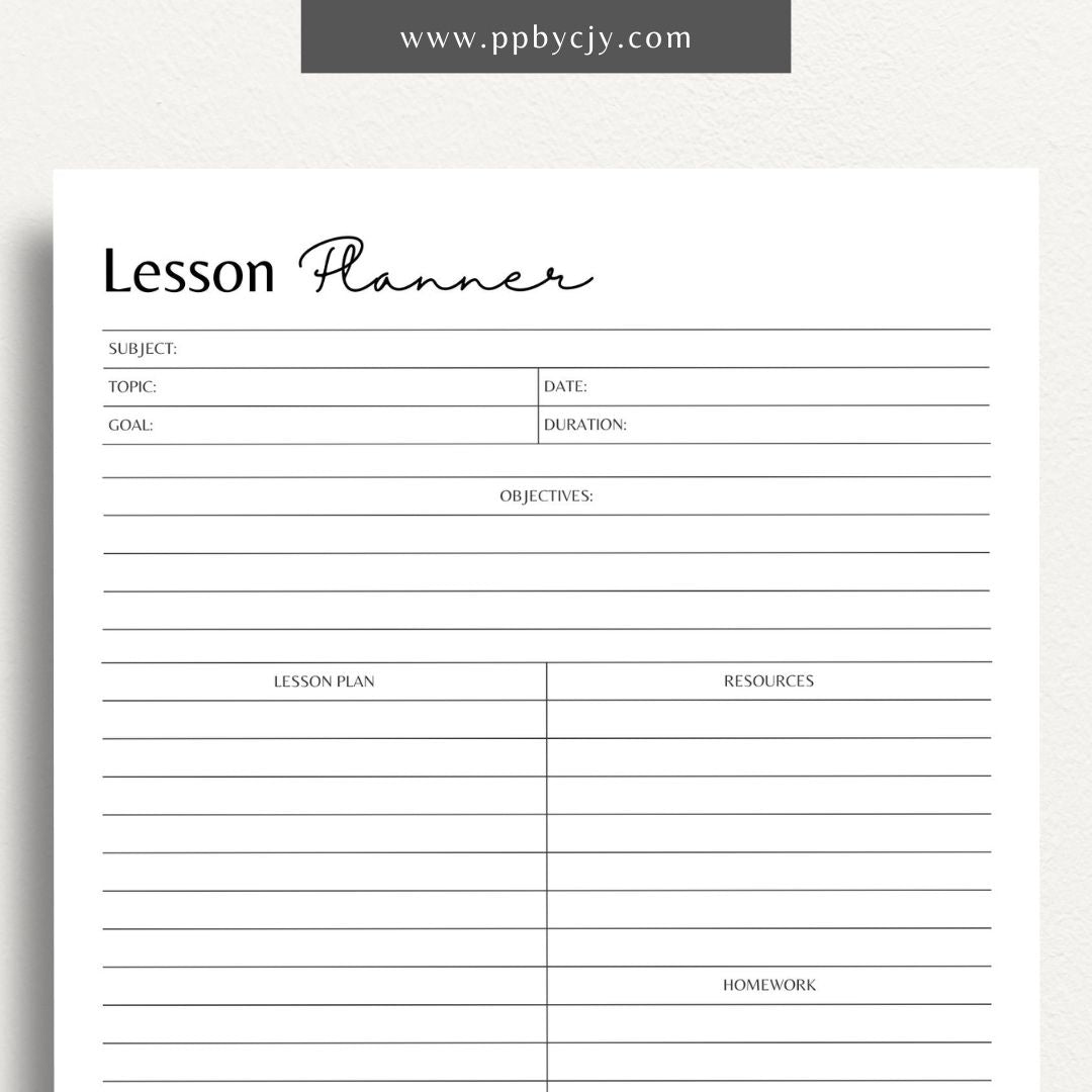 Lesson Planner Printable Template – Digital download for organizing and planning lessons, including objectives, activities, and assessments.