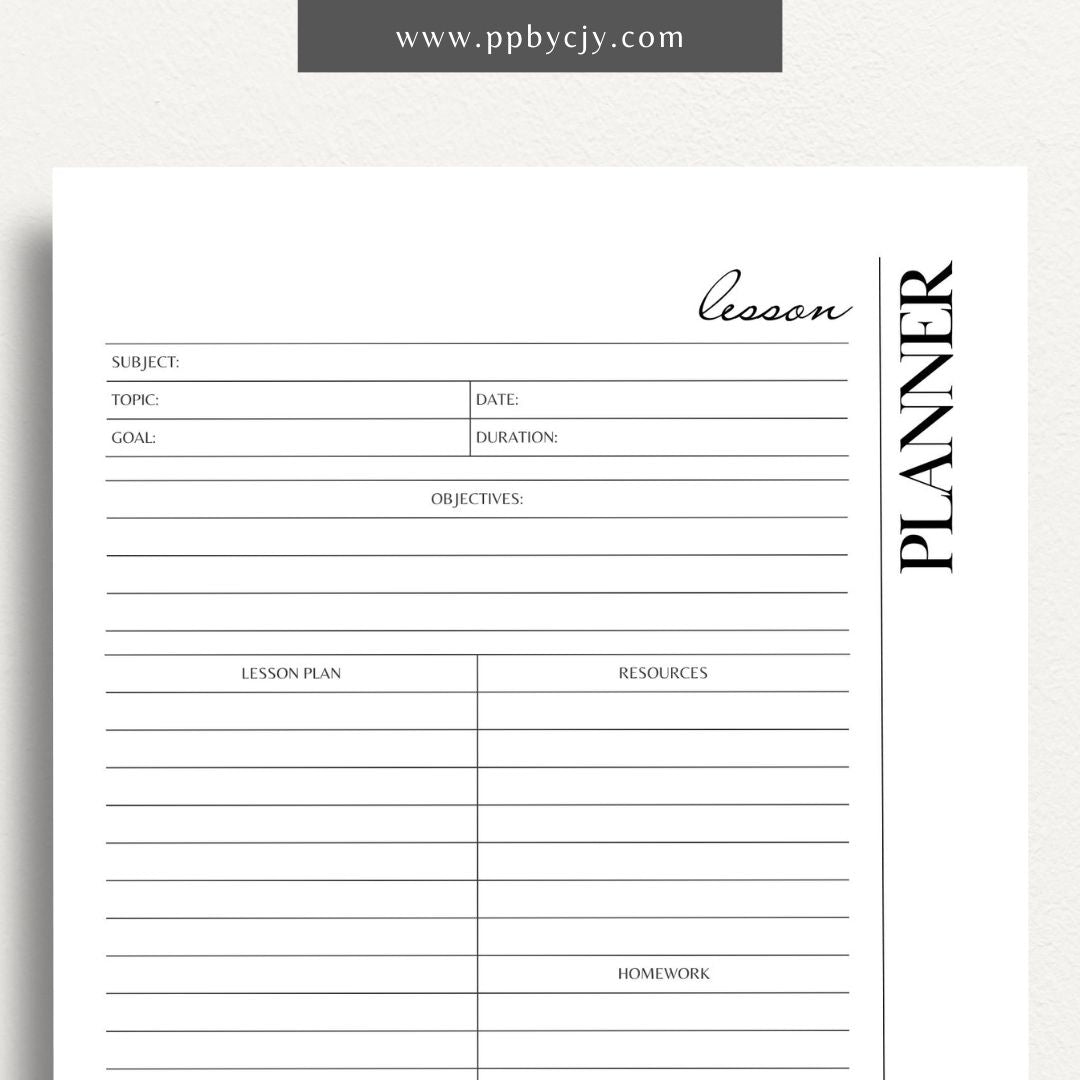 Lesson Planner Printable Template – Digital download for organizing and planning lessons, including objectives, activities, and assessments.