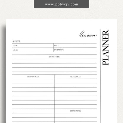 Lesson Planner Printable Template – Digital download for organizing and planning lessons, including objectives, activities, and assessments.