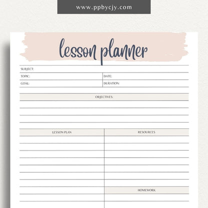 Lesson Planner Printable Template – Digital download for organizing and planning lessons, including objectives, activities, and assessments.